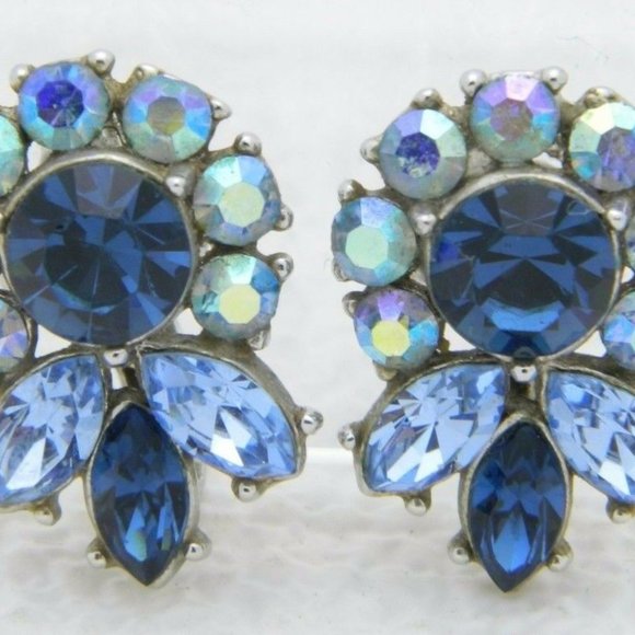 Trifari Jewelry - CROWN TRIFARI Silver Tone Blue Rhinestone Earrings